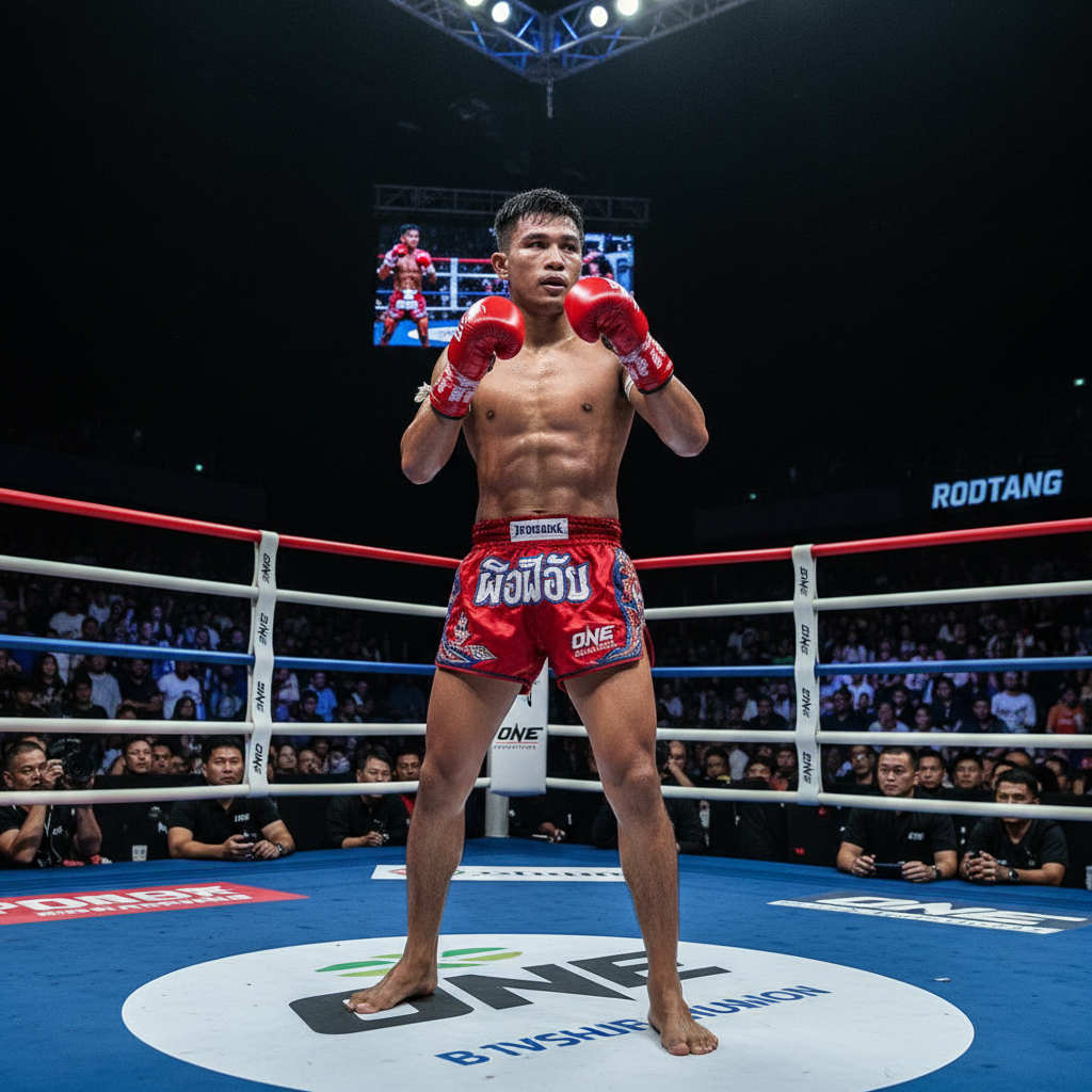 Muay Thai fighter standing in ring wearing red gloves and shorts