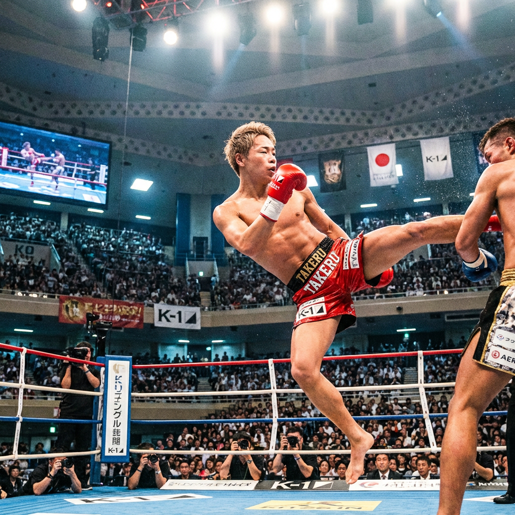 K-1 fighter in red shorts performing a high kick against an opponent in a ring