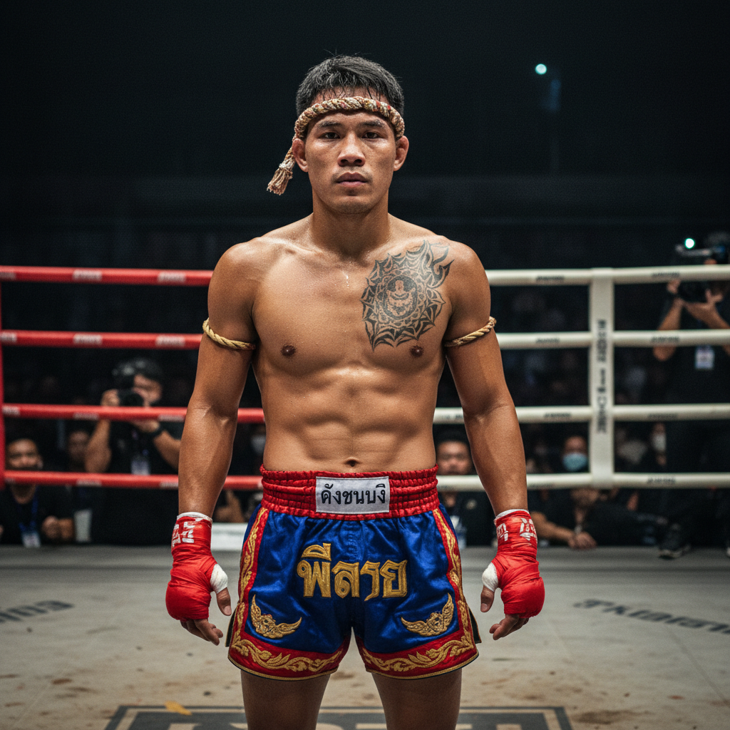 Bare-chested Muay Thai fighter with traditional headband and tattoos standing in boxing ring